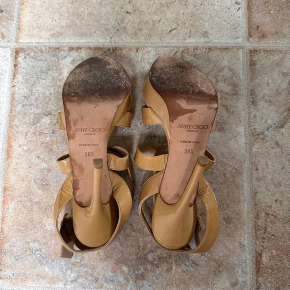 Jimmy Choo Vamp Sandal Tan Nude Patent Leather Sz. 38 1/2 Platform High heel - Picture 9 of 10